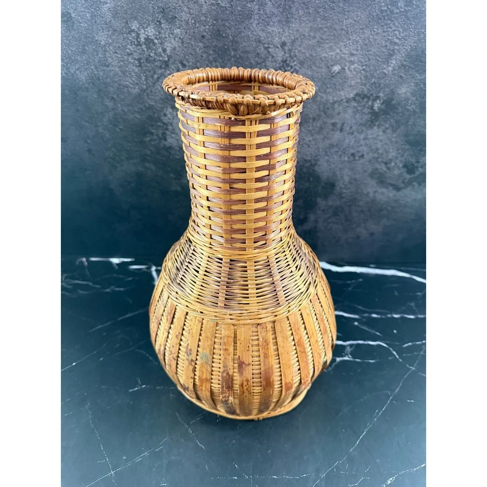VTG Tall Woven Baluster Shape Wicker Rattan Vase 12.5in Tall